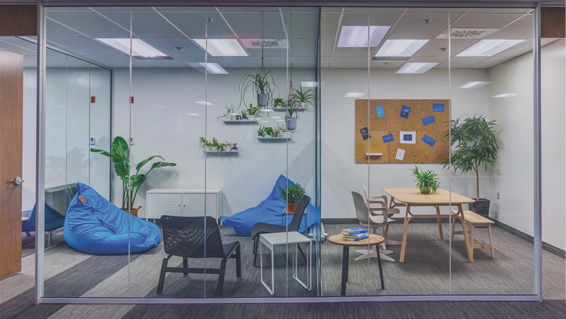 Salle de travail vitrée avec des poufs bleus, une table en bois, des plantes et un babillard