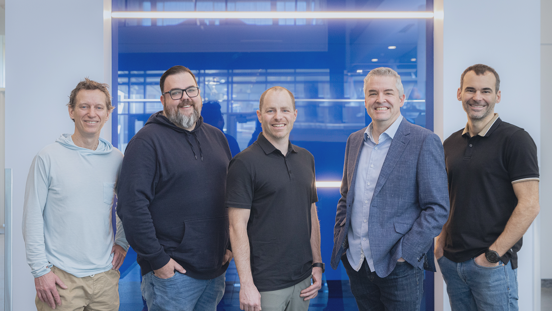 Jean-Sébastien Darveau, president of Stratéjia, Kevin Moore, president of Vooban, Pascal Girard, VP of digital solutions at Stratéjia, Hugo Lachambre, VP of growth and development at Stratéjia, Hugues Foltz, executive VP of Vooban.