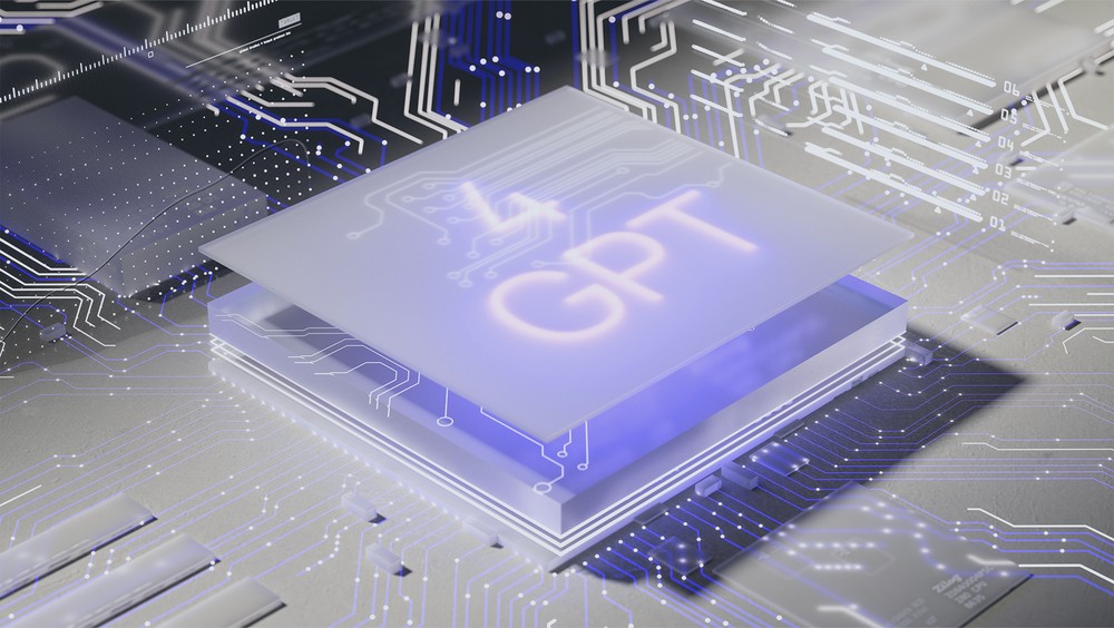 Translucent chip labeled “GPT 4” on a circuit board