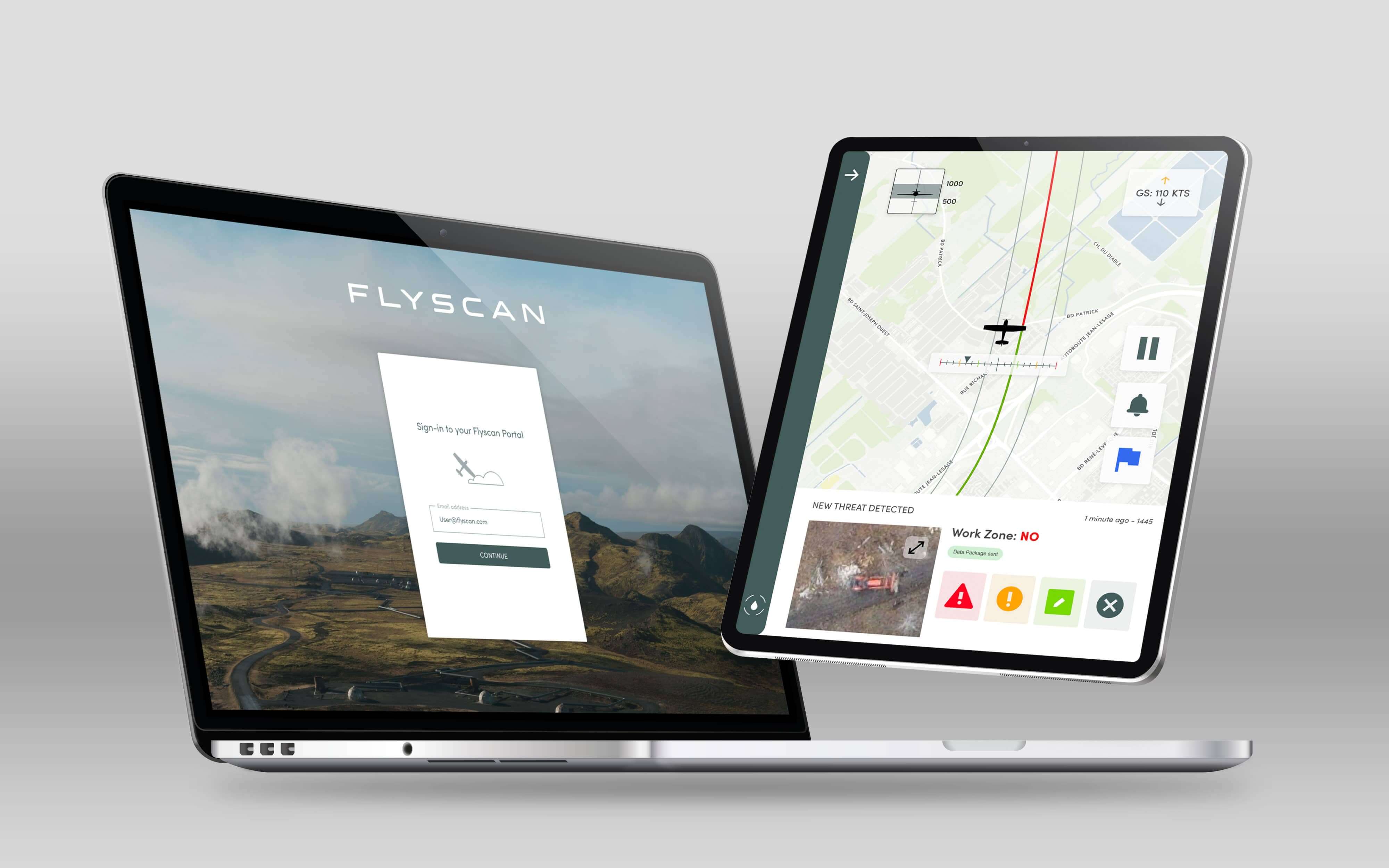 Ordinateur portable avec la page de connexion Flyscan et tablette affichant une carte et une alerte de menace détectée