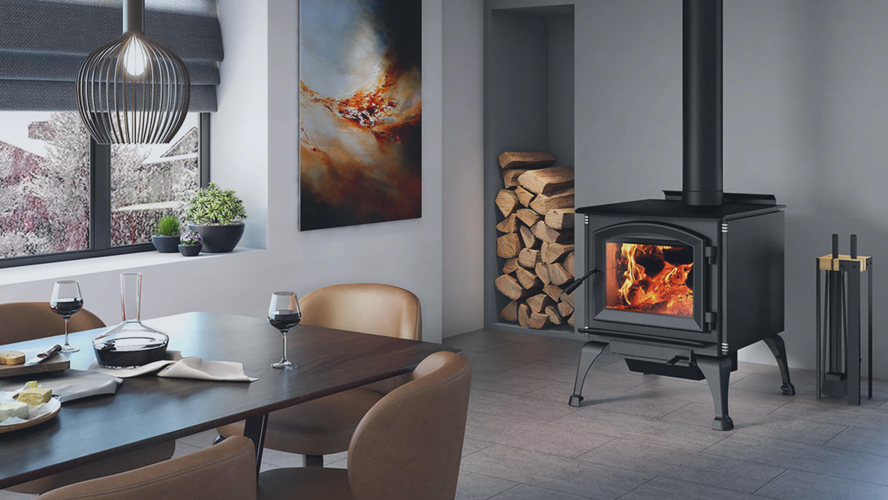 Lit black wood stove in a dining room next to a stack of logs