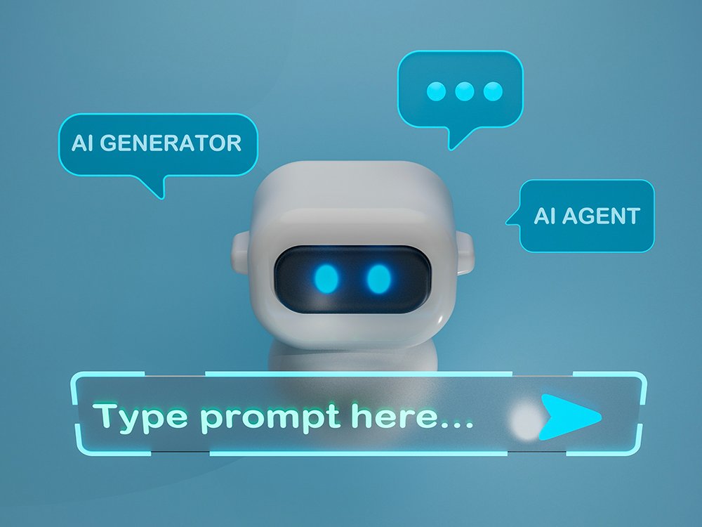 Small white robot with blue eyes among speech bubbles reading “AI GENERATOR” and “AI AGENT”, above a “Type prompt here…” bar