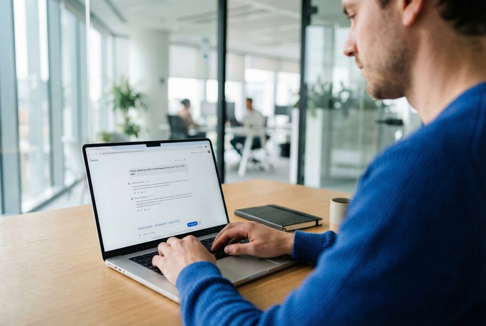 A man types on a laptop showing a conversation with an AI assistant, in a bright office