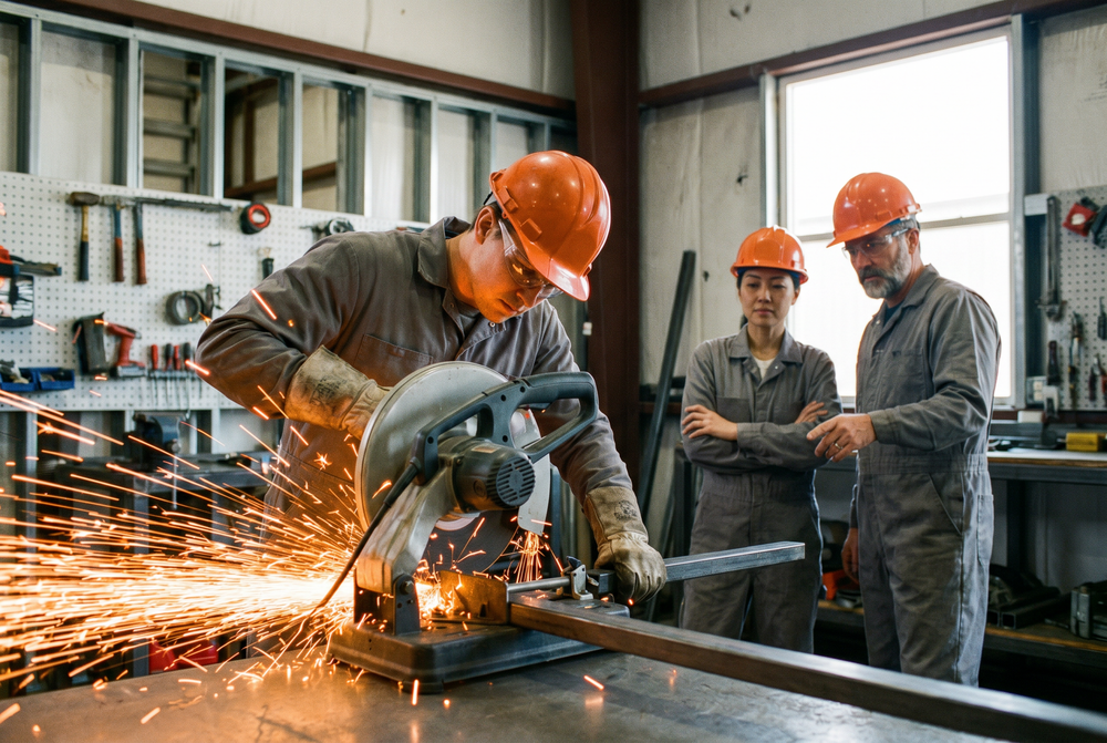 plant workers cutting steel